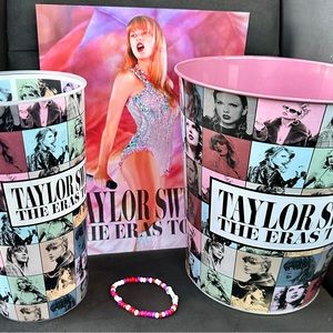 AMC Exclusive Taylor Swift Cup, Popcorn Tin, poster and friendship bracelet.